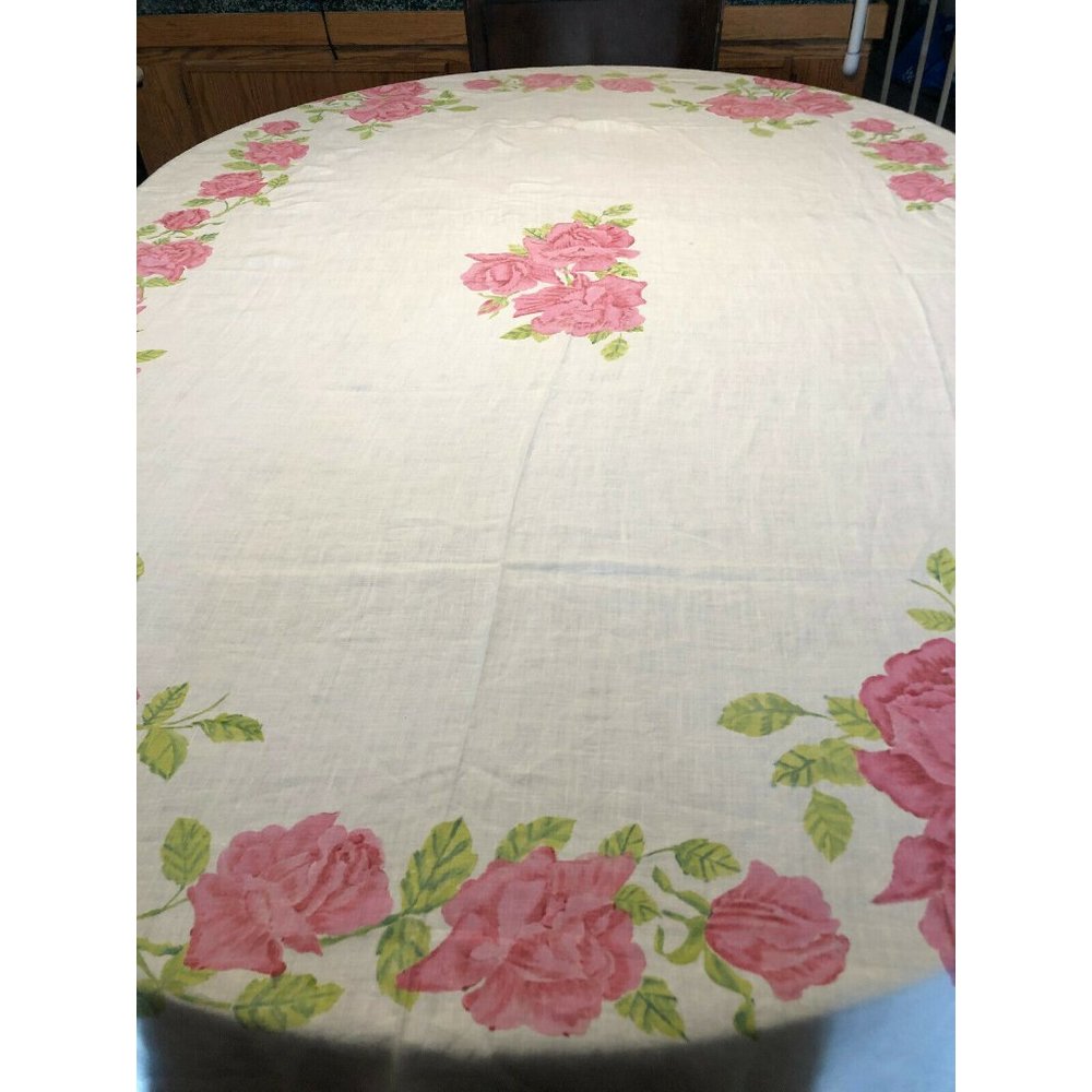 Vintage 50s MCM Pure Linen Tablecloth Pink Roses, 1950s Linen Tablecloth